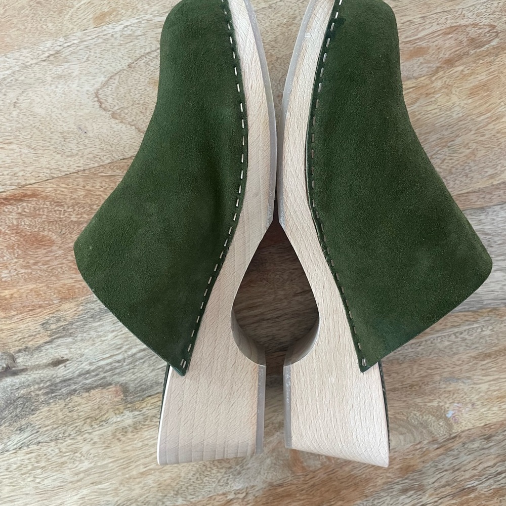 Doen Anouk Green Suede Wooden Clog Mules 39 (8.5)